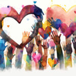 An abstract group of colorful hands with heart shapes of many different colors.