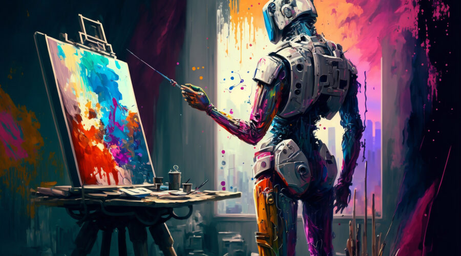 Futuristic Robot painting a colorful oil painting