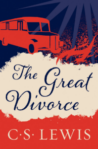 Cover of the Book The Great Divorce by C.S. Lewis featuring a red bus on a blue background.