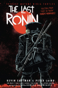 Cover to the The LAst Ronin graphic novel featuring a Ninja Turle with his back to the reader