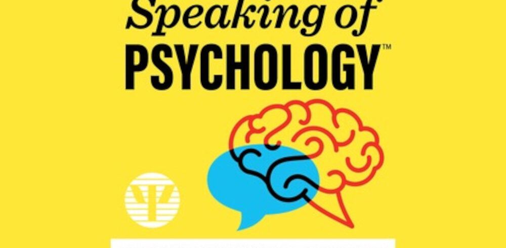 Speaking of Psychology Podcast Cover Art - blue word balloon overlapping a red brain icon on a yellow background